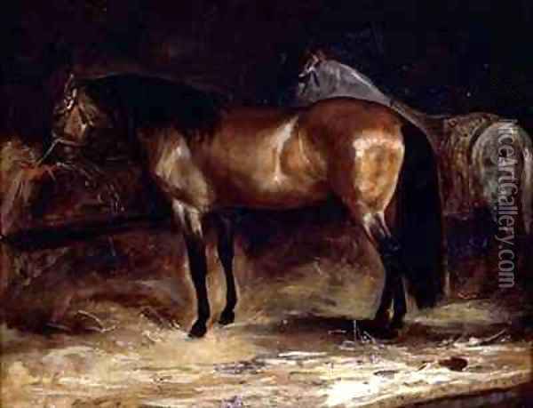 A Bay Horse at a manger with a grey horse in a rug Oil Painting - Theodore Gericault