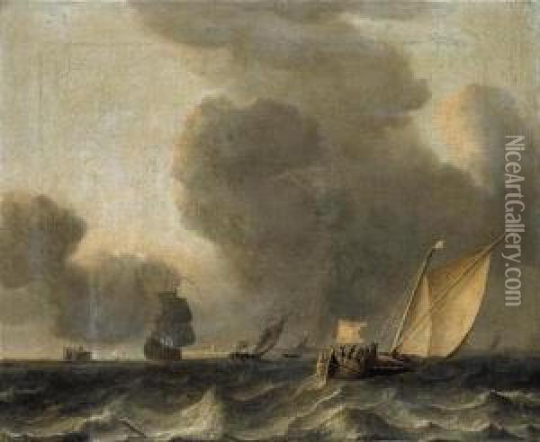 Two Dutch Smalships And A Man-o-war Off The Coast In Stormy Weather Oil Painting - Aernout Smit