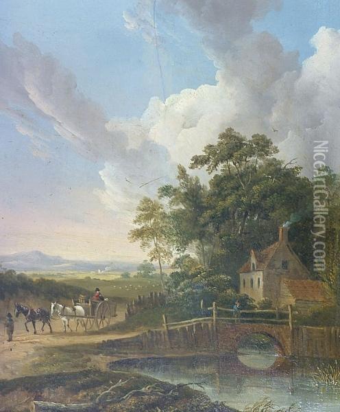 A Rural Landscape With Horses And Cart, House, River And Bridge Oil Painting - Elias Childe