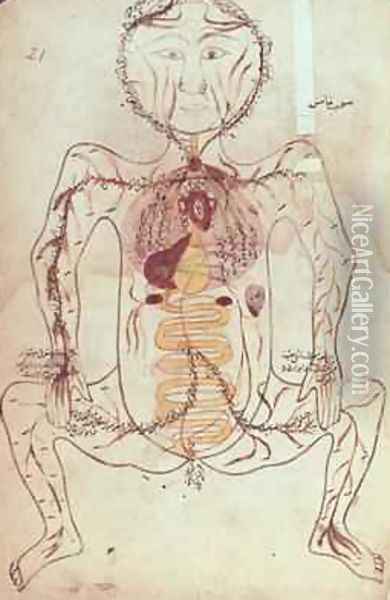 Ms Persan 1555 Anatomical diagram of the human circulatory and digestive system Oil Painting - b. Eliyas Chirazi Mansour