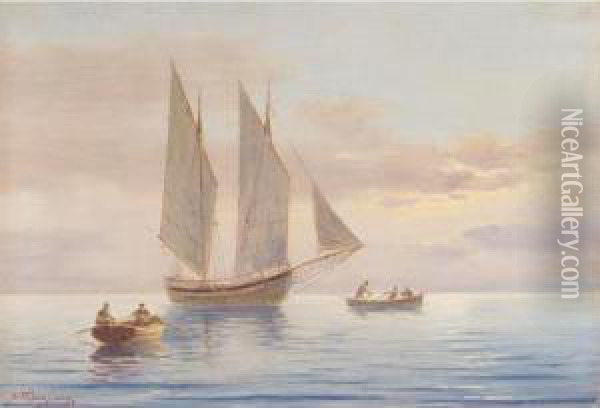 Sailing Boat In Calm Waters Oil Painting - Emilios Prosalentis