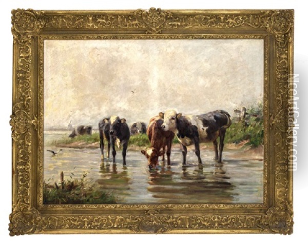 Rinder Am Wasser Oil Painting - Johann Daniel Holz