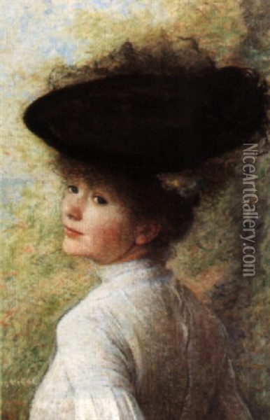 Young Girl In A Black Hat Oil Painting - Eugene Vincent Vidal