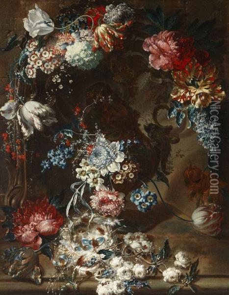 Blumenstillleben Mit Kirschbluten Undtulpen Oil Painting - Jean-Baptiste Ii Belin
