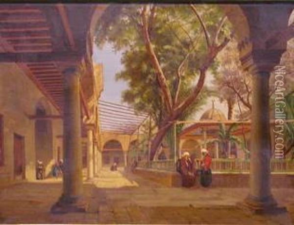 Conversation In The Interior Courtyard Of A Mosque Oil Painting - Johann Ludwig Rudolf Durheim