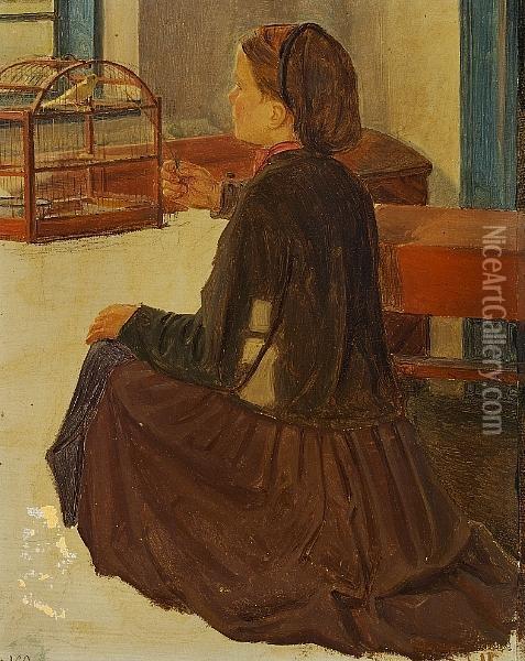 Little Girl With A Bird Cage Oil Painting - Hans Ludvig Smidth