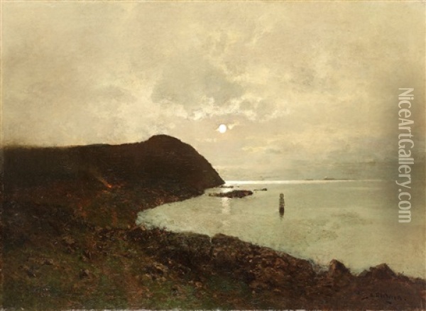 Moonlit Coastal Scene From Bohuslan Oil Painting - Axel Wilhelm Nordgren