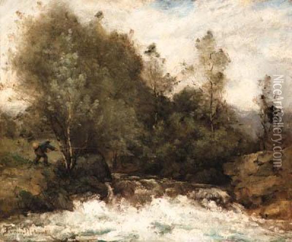 Fishing In The Rapids Oil Painting - Paul Trouillebert