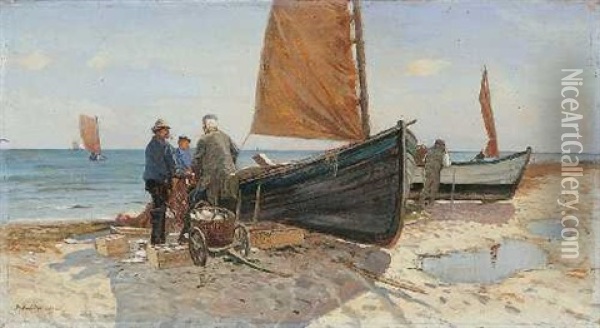 Fischer Am Strand Oil Painting - Franz Hoffmann-Fallersleben