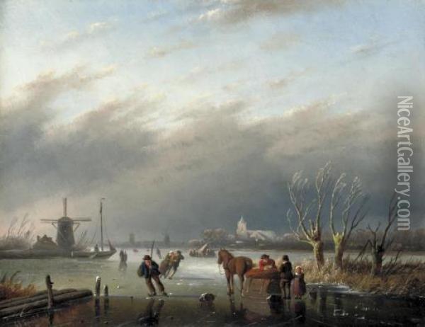 Skaters On A Frozen Estuary Oil Painting - Jan Jacob Coenraad Spohler