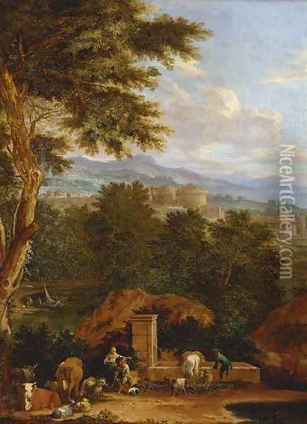 Drovers with cattle at a fountain in an Italianate landscape Oil Painting - Pieter Bout