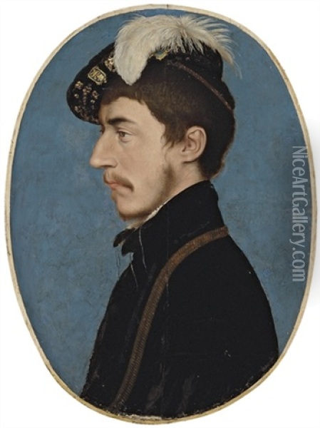 Profile Portrait Of Sir Nicholas Poyntz, Sheriff Of Gloucestershire, In A Black Doublet And Plumed Cap Oil Painting - Hans Holbein the Younger