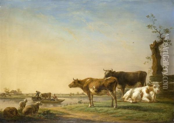 Niederlandische Landschaft Mit Kuhen Und Schafen Oil Painting - Jean Baptiste Berre