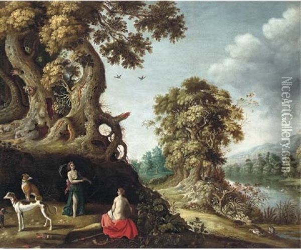 A Wooded River Landscape With Jupiter And Callisto Oil Painting - Roelandt Savery