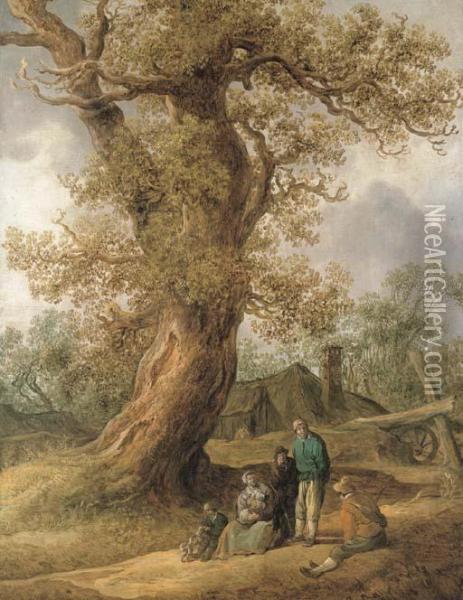 A Family Of Peasants Sitting Under An Oak Tree With Cottages In Thedistance Oil Painting - Jan van Goyen