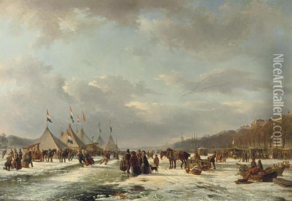 Festivities On The Ice: The Nieuwe Maas With The Boompjes, Bolwerkand Harbour Entrance Of The Oudehaven, Rotterdam Oil Painting - Frans Arnold Breuhaus de Groot
