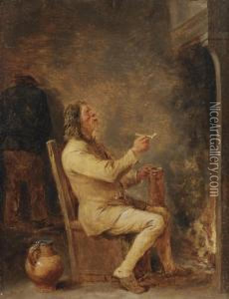 A Peasant Drinking And Smoking In An Interior Oil Painting - David The Younger Teniers