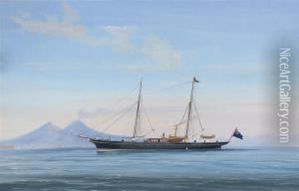 A British Steam Yacht In The Bay Of Naples, With Vesuvius Beyond Oil Painting - Antonio de Simone