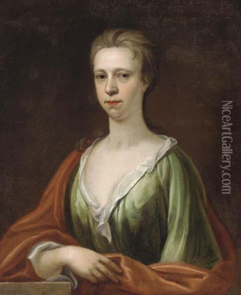 Portrait Of A Lady, Bust-length, In A Green Dress And Red Wrap Oil Painting - Sir Godfrey Kneller
