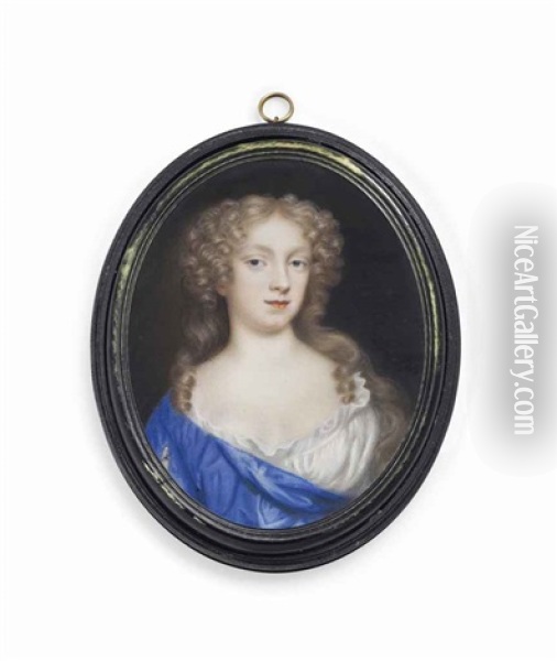A Young Lady Called Lady Lonsdale, In Loose Blue Off-the-shoulders Dress Over White Shift, Long Curling Fair Hair Oil Painting - Mary Beale