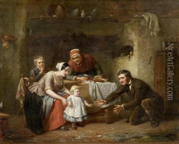 Familie In Der Kuche Mit Ersten Gehversuchen Des Kindes Oil Painting - Theodore Bernard de Heuvel