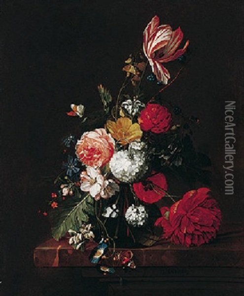 A Still Life Of Tulips, Roses, A Peony, And Honeysuckle In A Glass Vase With Butterflies, All On A Marble Ledge Oil Painting - David Cornelisz Heem III