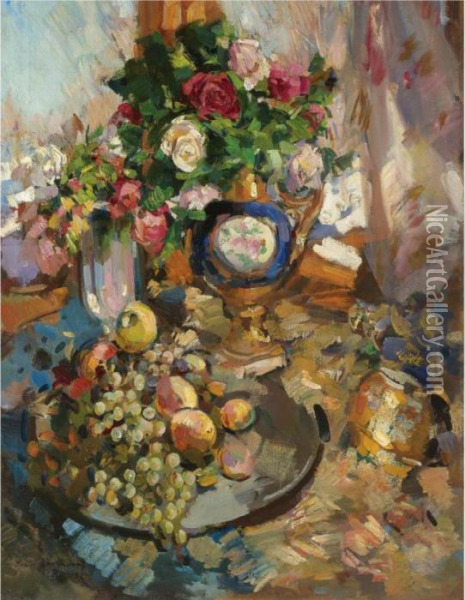 Still Life With Roses And Fruit Oil Painting - Konstantin Alexeievitch Korovin