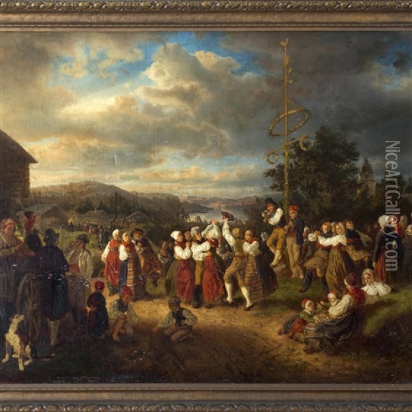 Spring: A Village Celebration With Maypole Oil Painting - Kilian Christoffer Zoll