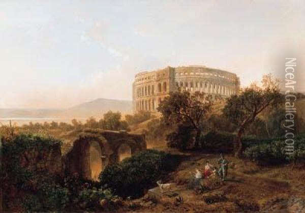 Paesaggio Della Campagna Romana Con Figure E Antica Architettura,1869 Oil Painting - Emil Manz