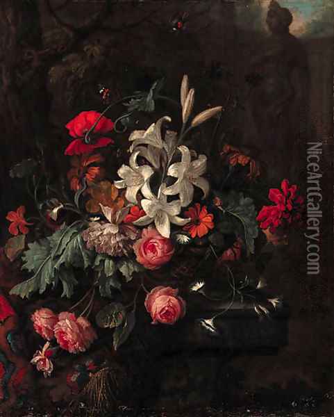 Roses, lilies, a poppy, morning glory and other flowers in a basket on on a ledge partly draped with a carpet Oil Painting - Justus van Huysum