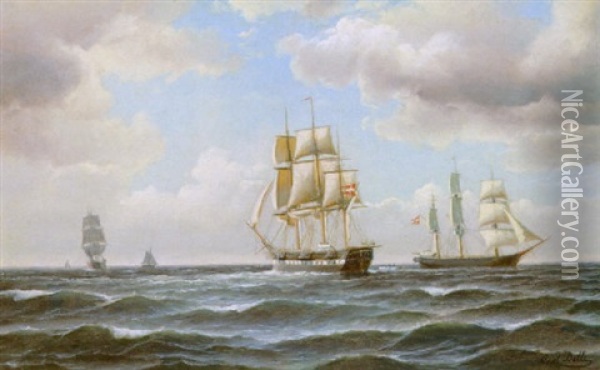 Marine Med Danske Linieskibe I Sundet Oil Painting - Carl Ludwig Bille