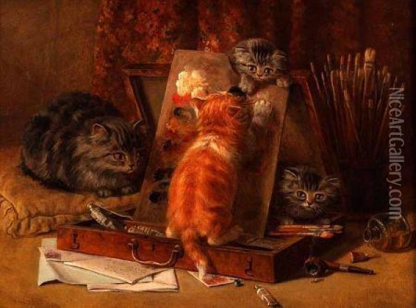 Kittens Playing With A Paint Box Oil Painting - Alfred R. Barber