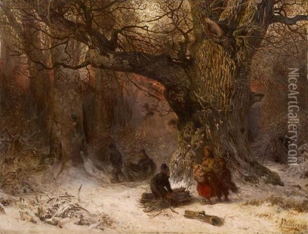 Wood Gatherers In A Winter Landscape Oil Painting - Carl Hilgers