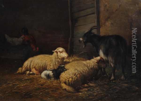 Sheep, Goats And Chickens In A Barn Oil Painting - Louis Robbe