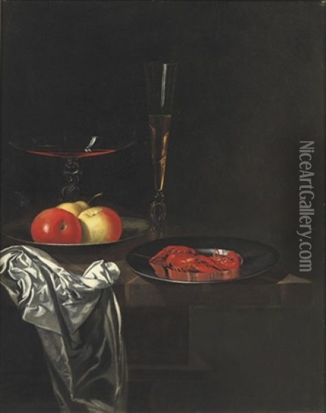 Two Venetian Glasses, Apples On A Pewter Plate Oil Painting - Georg Hainz
