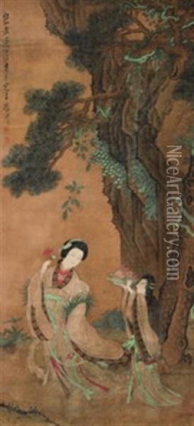 Ladies Under A Pine Tree Oil Painting -  Chen Hongshou
