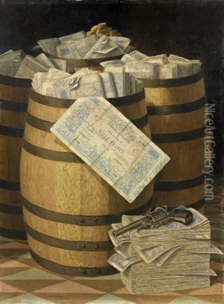 Trompe-l'oeil Aux Billets De Mille Francs Et Au Revolver Oil Painting - Victor Dubreuil