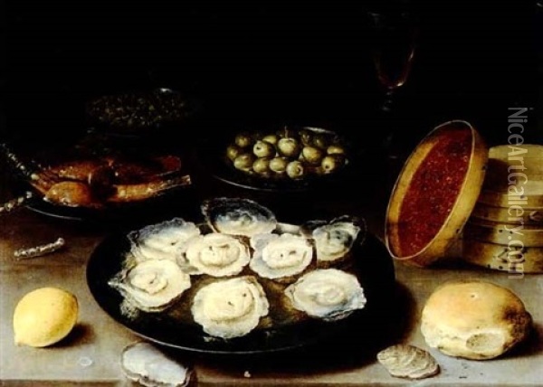 Still Life With A Pl;ate Of Oysters, Olives, Capers And     Other Delicacies, All On A Table Oil Painting - Osias Beert the Elder