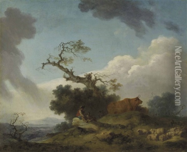 A Shepherd And Herdsman Seated On A Rock With Cows And Sheep, A Landscape Beyond Oil Painting - Jean-Honore Fragonard