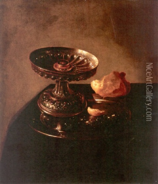 A Tazza And Bread Roll On A Pewter Plate Resting On A Draped Ledge Oil Painting - Jan Jansz Uyl the Elder