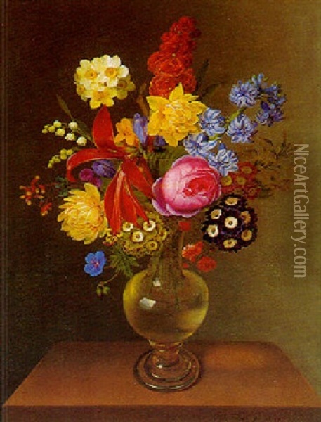 Opstilling Med Brogede Blomstrer I En Vase Pa En Stenkarm Oil Painting - Claudius Ditlev Fritzsch