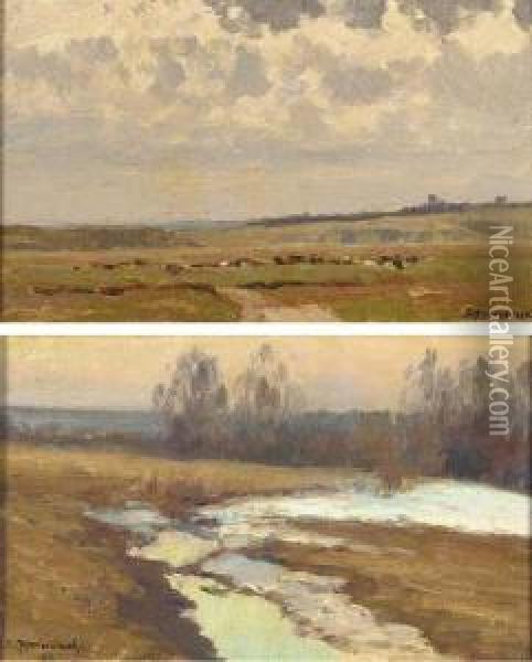 A Pair Of Russian Landscapes Oil Painting - Wladimir Wassiliew. Perepletchikoff