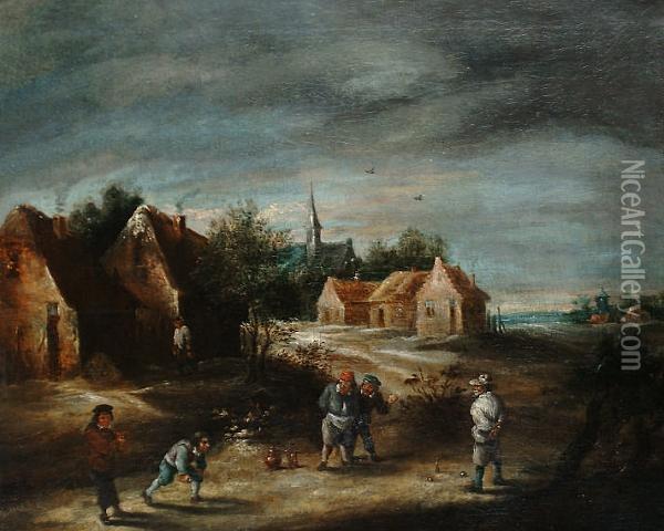 A Country Village With Peasants Playing Bowls Oil Painting - David The Younger Teniers