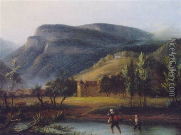 A Landscape With A Family Crossing A River, A Chateau Beyond Oil Painting - Jean Victor Bertin