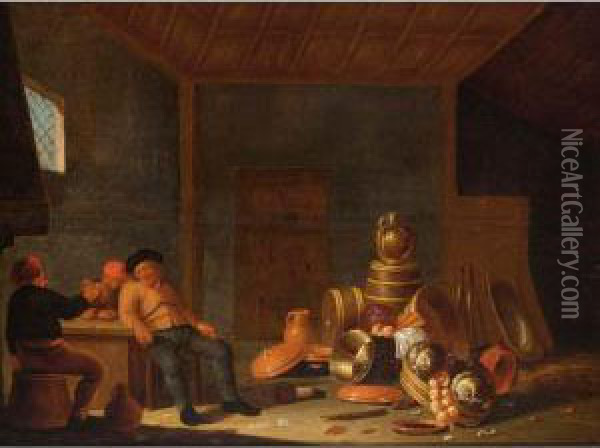 A Barn Interior With A Still Life Of Pots, A Copper Bowl, A Jug On A Barrel And Vegetables, Peasants Drinking Nearby Oil Painting - Jan Spanjaert