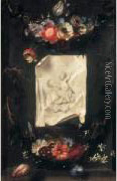 Trompe L'oeil A La Gravure De 
Rubens Representant Une Vierge A L'enfant Fixee Dans Une Niche Decoree 
De Guirlandes De Fleurs Oil Painting - Daniel Seghers