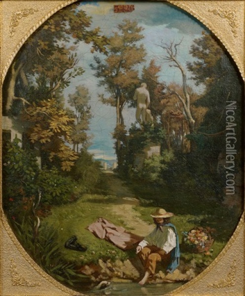 Jeune Homme Se Trempant Les Pieds Dans Un Parc Dans Un Ovale Peint Oil Painting - Hector Charles Auguste Octave Constance Hanoteau