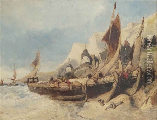 Fishing Vessels On The Shore, Brittany Oil Painting - Eugene F. A. Deshayes