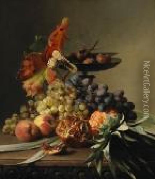 A Still Life With Grapes, Peaches, A Pineapple And A Pomegranate On A Table Oil Painting - David Emil Joseph de Noter