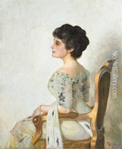 En Vakker Kvinne Kvinne I Hvit Kjole Oil Painting - Thorolf Holmboe